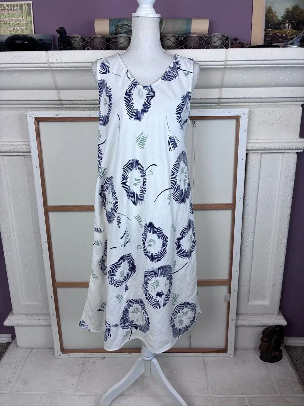 Coldwater Creek A-Line V neck White Cotton Midi Dress w/ Navy & green Floral